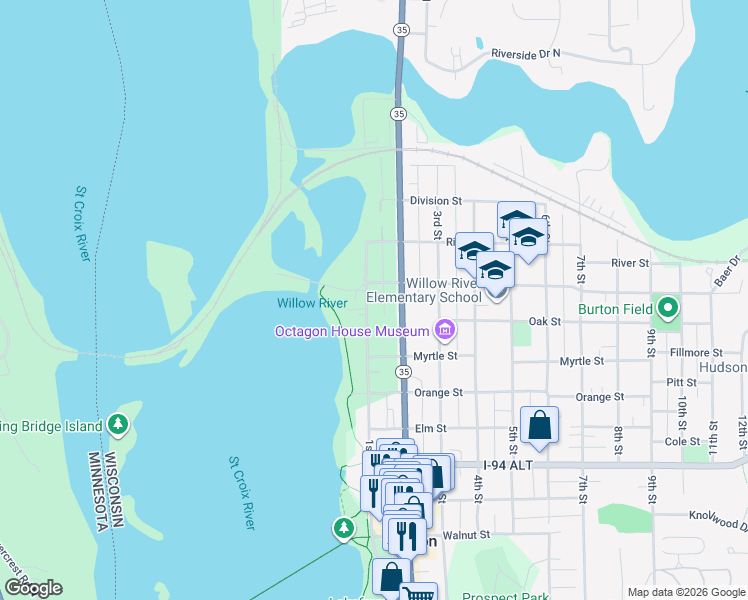 map of restaurants, bars, coffee shops, grocery stores, and more near 1112 1st Street in Hudson