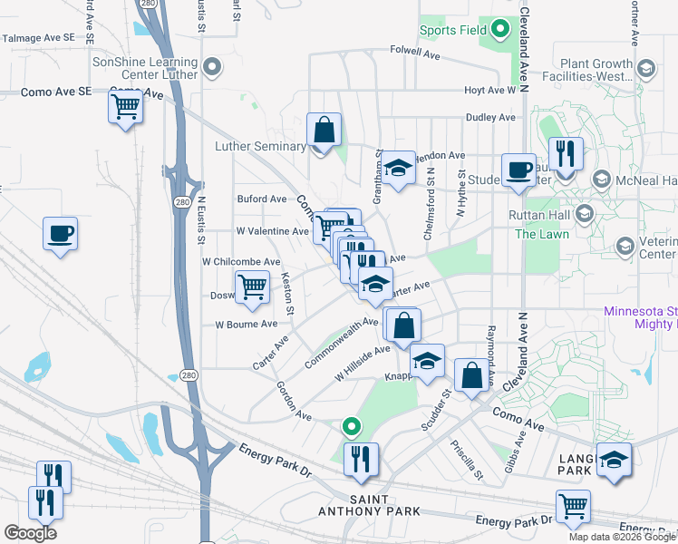 map of restaurants, bars, coffee shops, grocery stores, and more near in Saint Paul