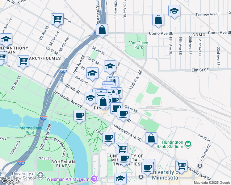 map of restaurants, bars, coffee shops, grocery stores, and more near 1408 6th Street Southeast in Minneapolis