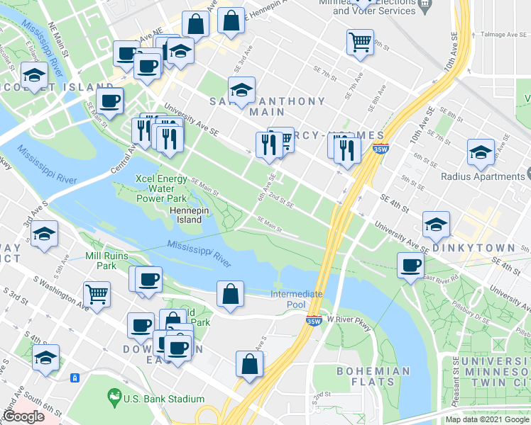 map of restaurants, bars, coffee shops, grocery stores, and more near 100 6th Avenue Southeast in Minneapolis