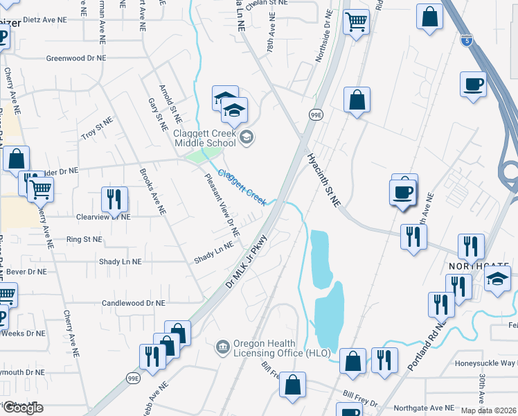 map of restaurants, bars, coffee shops, grocery stores, and more near 3745 Saramae Lane Northeast in Keizer