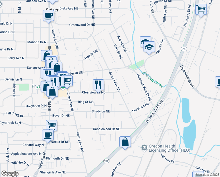 map of restaurants, bars, coffee shops, grocery stores, and more near 3824 Tiny Court Northeast in Keizer