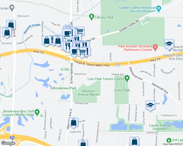map of restaurants, bars, coffee shops, grocery stores, and more near 7650 Harold Avenue in Golden Valley