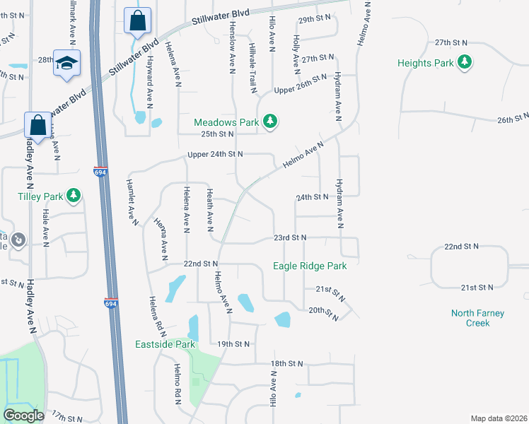 map of restaurants, bars, coffee shops, grocery stores, and more near 2338 Hilo Avenue North in Oakdale