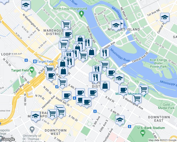 map of restaurants, bars, coffee shops, grocery stores, and more near 20 South Washington Avenue in Minneapolis