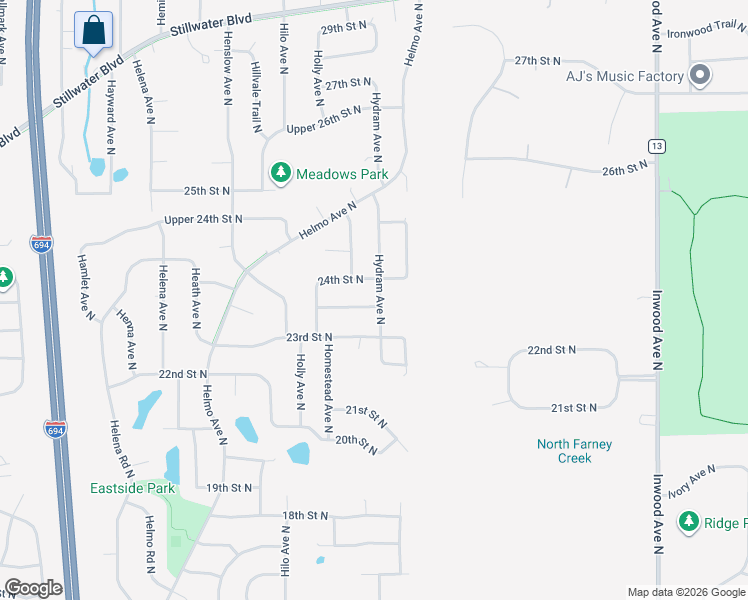 map of restaurants, bars, coffee shops, grocery stores, and more near 7856 Upper 23rd Street North in Oakdale