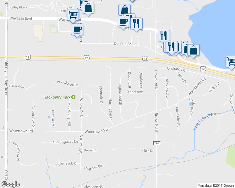 map of restaurants, bars, coffee shops, grocery stores, and more near 2205 Grand Avenue in Long Lake