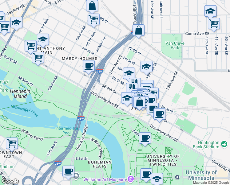 map of restaurants, bars, coffee shops, grocery stores, and more near 400 11th Avenue Southeast in Minneapolis