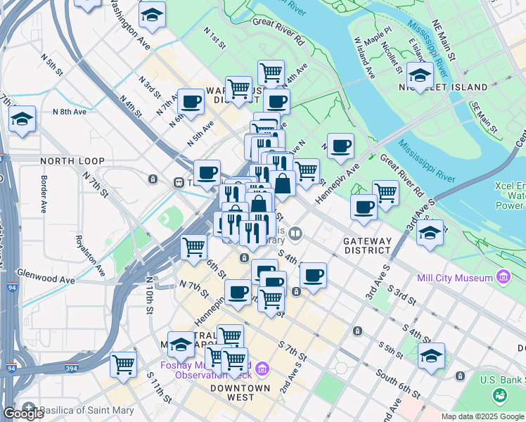 map of restaurants, bars, coffee shops, grocery stores, and more near 300 North 1st Avenue in Minneapolis