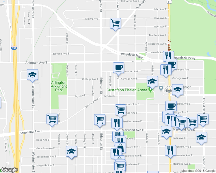 map of restaurants, bars, coffee shops, grocery stores, and more near 1357 Searle Street in Saint Paul