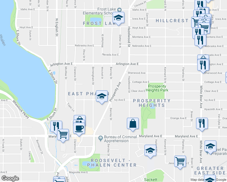 map of restaurants, bars, coffee shops, grocery stores, and more near 1351 Prosperity Avenue in Saint Paul