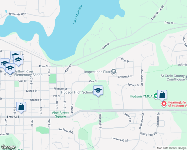 map of restaurants, bars, coffee shops, grocery stores, and more near 1403 Oak Street in Hudson