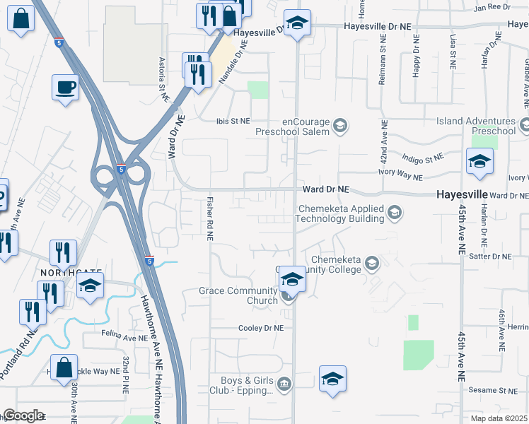 map of restaurants, bars, coffee shops, grocery stores, and more near 3871 Iberis Street Northeast in Salem