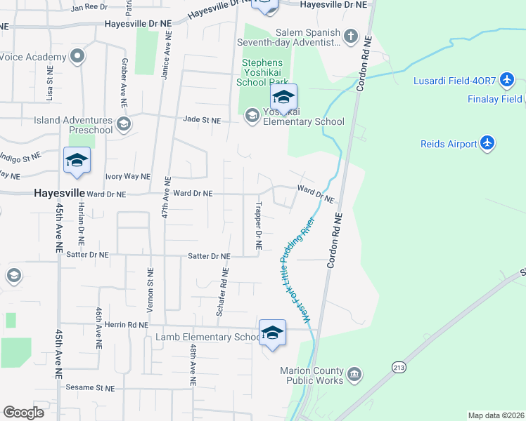 map of restaurants, bars, coffee shops, grocery stores, and more near 4322 Trapper Drive Northeast in Salem
