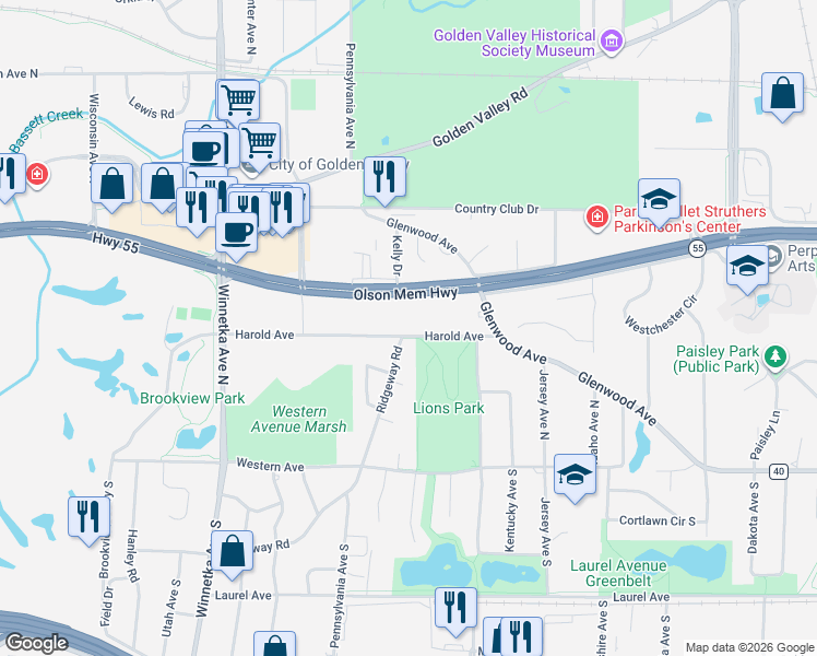 map of restaurants, bars, coffee shops, grocery stores, and more near 7330 Harold Avenue in Minneapolis
