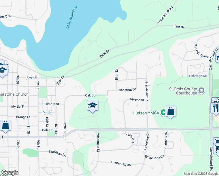 map of restaurants, bars, coffee shops, grocery stores, and more near 1601 Chestnut Drive in Hudson