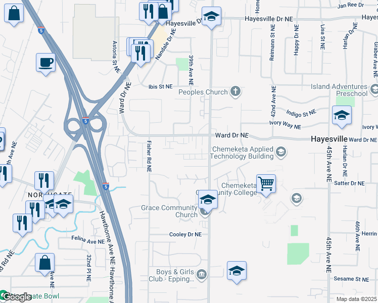 map of restaurants, bars, coffee shops, grocery stores, and more near 3873 Iberis Street Northeast in Salem