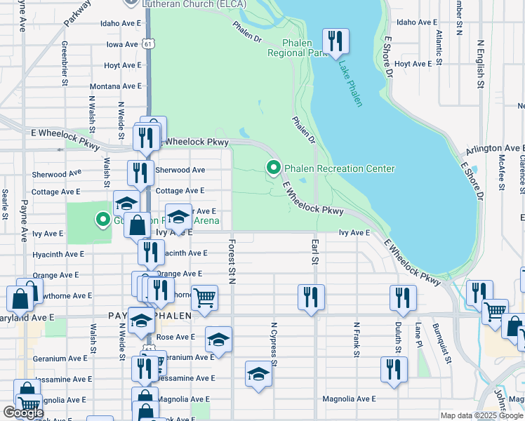 map of restaurants, bars, coffee shops, grocery stores, and more near 965 Ivy Avenue East in Saint Paul