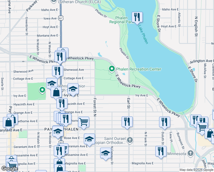 map of restaurants, bars, coffee shops, grocery stores, and more near 985 Ivy Avenue East in Saint Paul