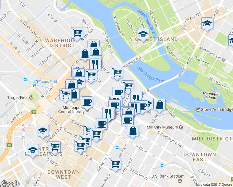 map of restaurants, bars, coffee shops, grocery stores, and more near Marquette Ave & S 2nd St in Minneapolis