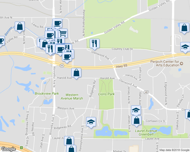map of restaurants, bars, coffee shops, grocery stores, and more near 7330 Harold Avenue in Minneapolis