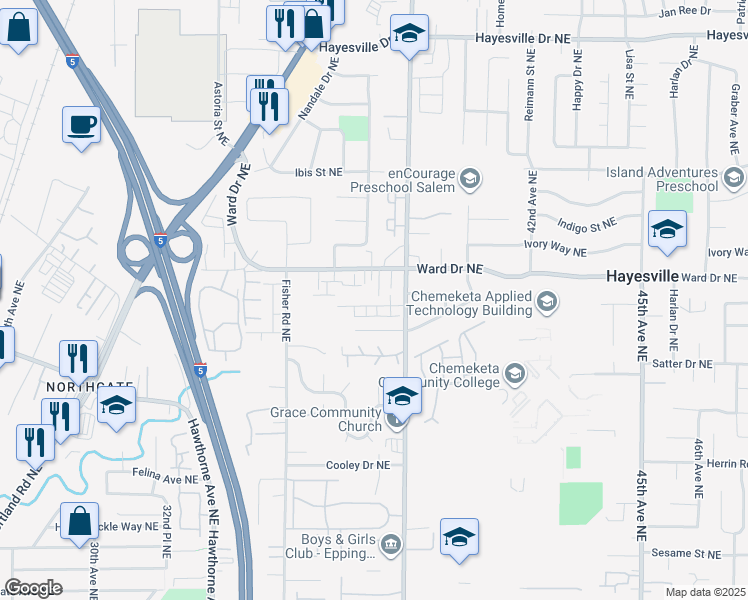 map of restaurants, bars, coffee shops, grocery stores, and more near 3871 Iberis Street Northeast in Salem
