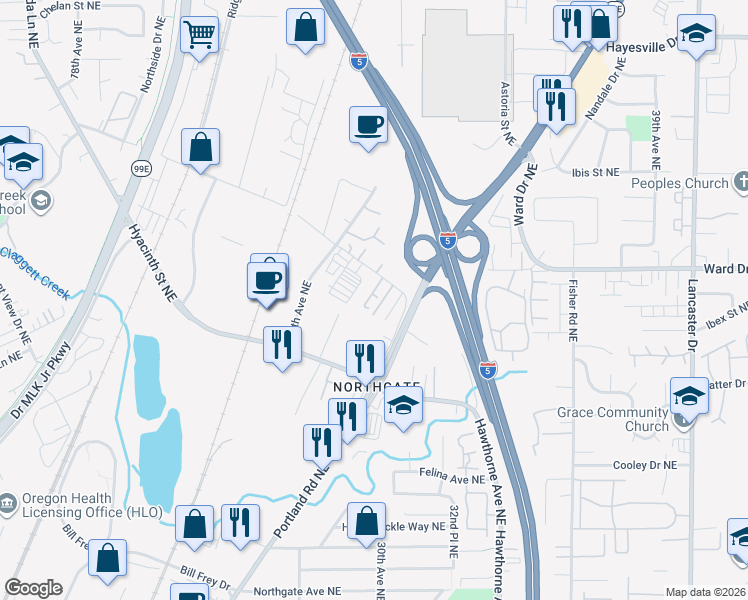 map of restaurants, bars, coffee shops, grocery stores, and more near 2780-2818 Claxter Court Northeast in Salem