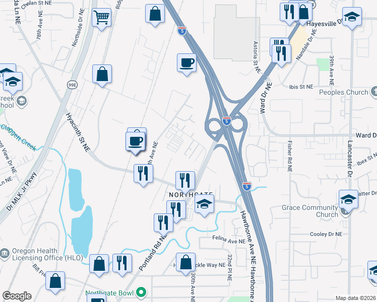 map of restaurants, bars, coffee shops, grocery stores, and more near 2780-2818 Claxter Court Northeast in Salem