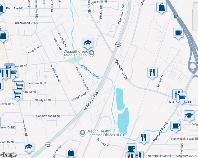 map of restaurants, bars, coffee shops, grocery stores, and more near 3745 Saramae Lane Northeast in Keizer