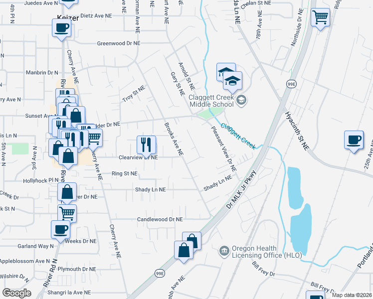 map of restaurants, bars, coffee shops, grocery stores, and more near 3830 Brooks Avenue Northeast in Keizer