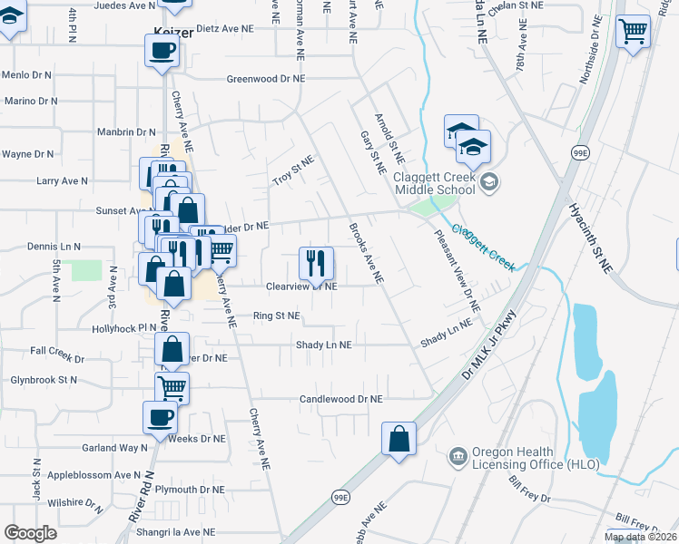 map of restaurants, bars, coffee shops, grocery stores, and more near 3824 Tiny Court Northeast in Keizer