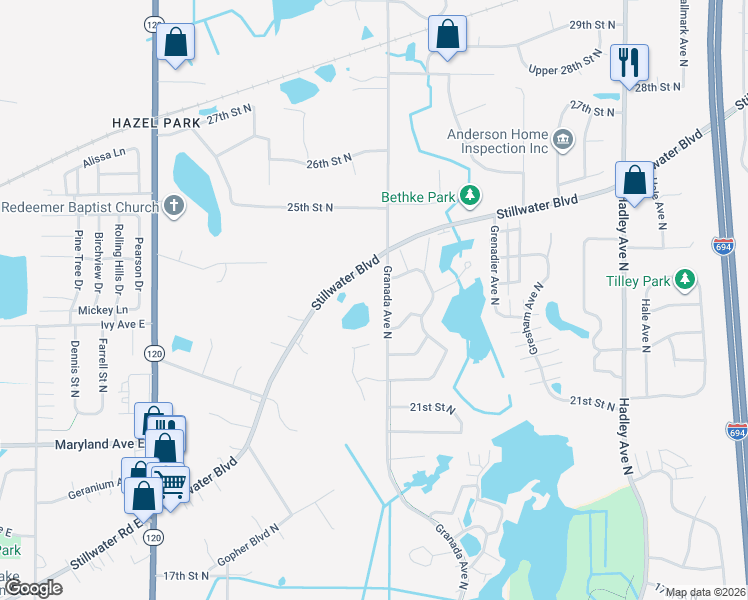 map of restaurants, bars, coffee shops, grocery stores, and more near 6439 Stillwater Boulevard North in Oakdale