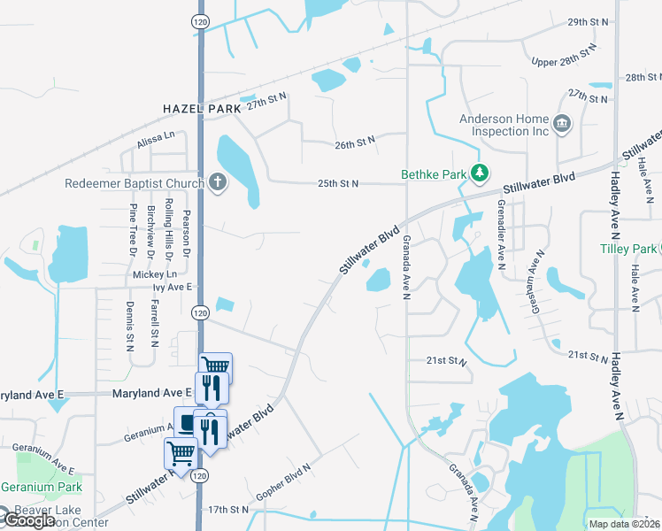 map of restaurants, bars, coffee shops, grocery stores, and more near 6382 Stillwater Boulevard North in Oakdale