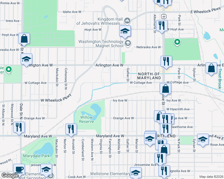map of restaurants, bars, coffee shops, grocery stores, and more near 1355 Farrington Street in Saint Paul
