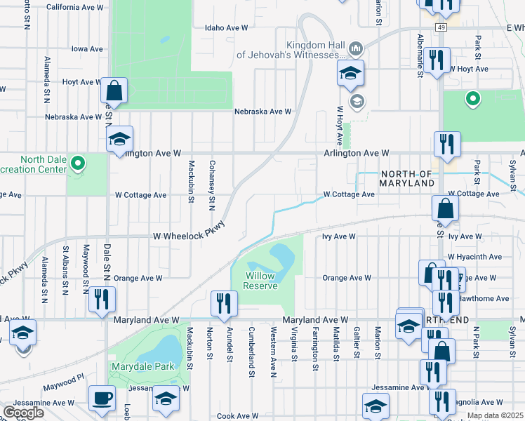 map of restaurants, bars, coffee shops, grocery stores, and more near 390 Cottage Avenue in Saint Paul
