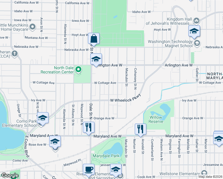 map of restaurants, bars, coffee shops, grocery stores, and more near 1353 Schletti Street North in Saint Paul
