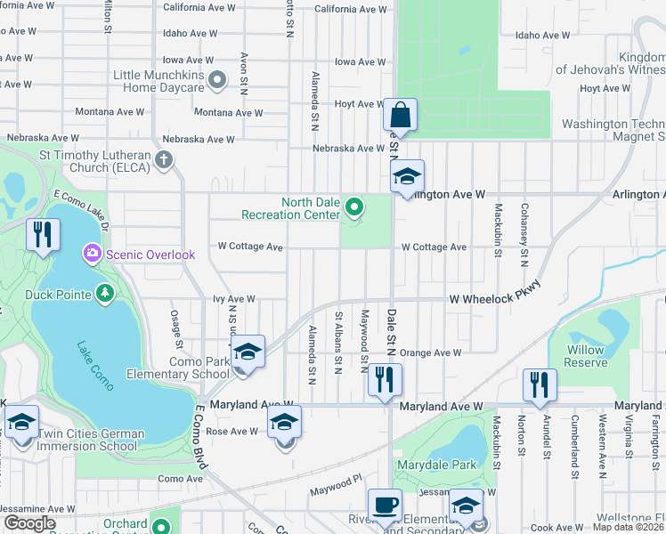 map of restaurants, bars, coffee shops, grocery stores, and more near 1356 Saint Albans Street North in Saint Paul