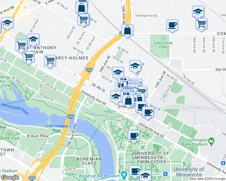map of restaurants, bars, coffee shops, grocery stores, and more near 409 12th Avenue Southeast in Minneapolis