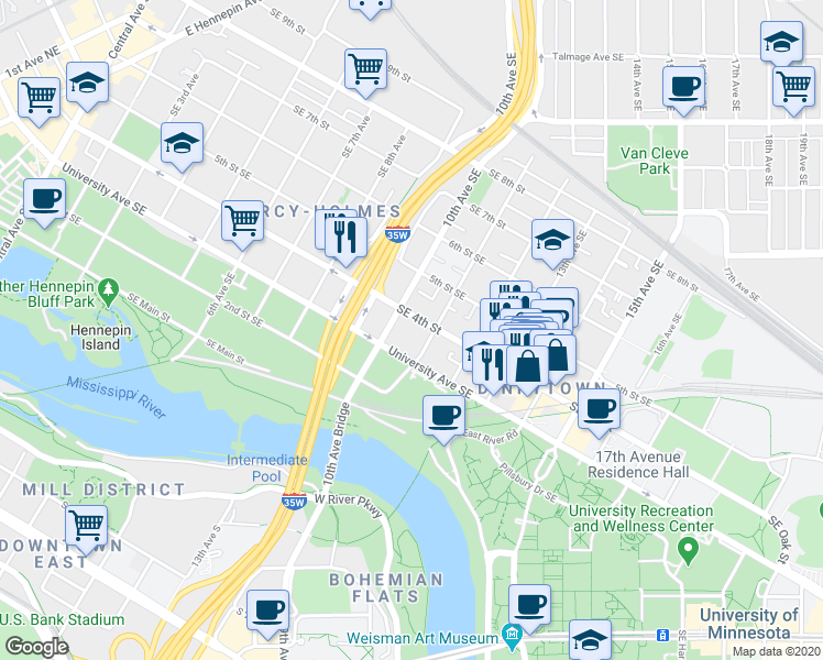 map of restaurants, bars, coffee shops, grocery stores, and more near 314 10th Avenue Southeast in Minneapolis