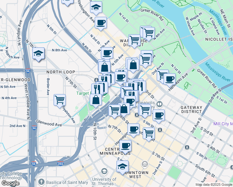 map of restaurants, bars, coffee shops, grocery stores, and more near 424 North 3rd Avenue in Minneapolis