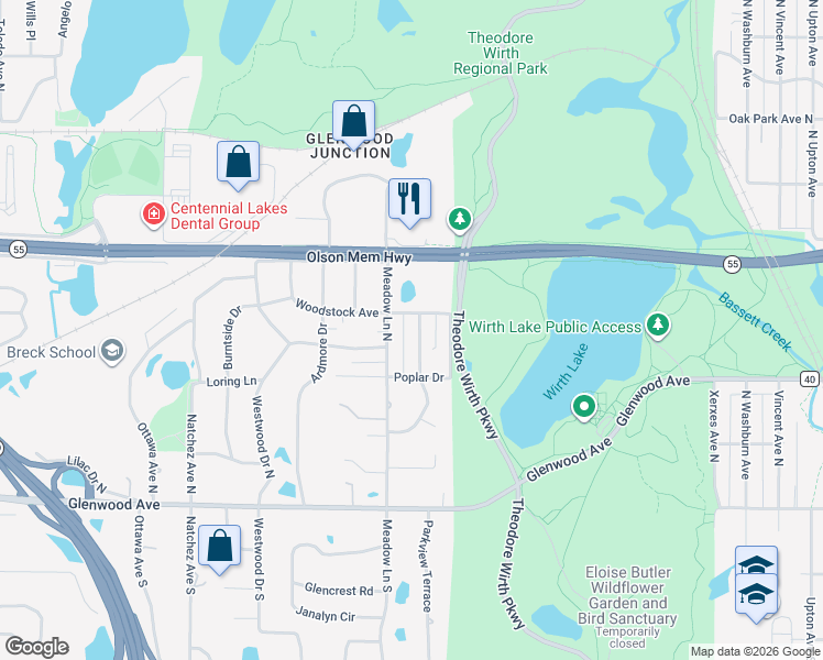 map of restaurants, bars, coffee shops, grocery stores, and more near 401 Sunnyridge Lane in Golden Valley