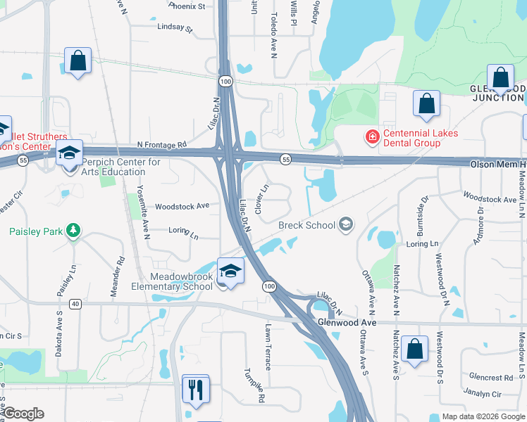 map of restaurants, bars, coffee shops, grocery stores, and more near 315 Cloverleaf Drive in Minneapolis
