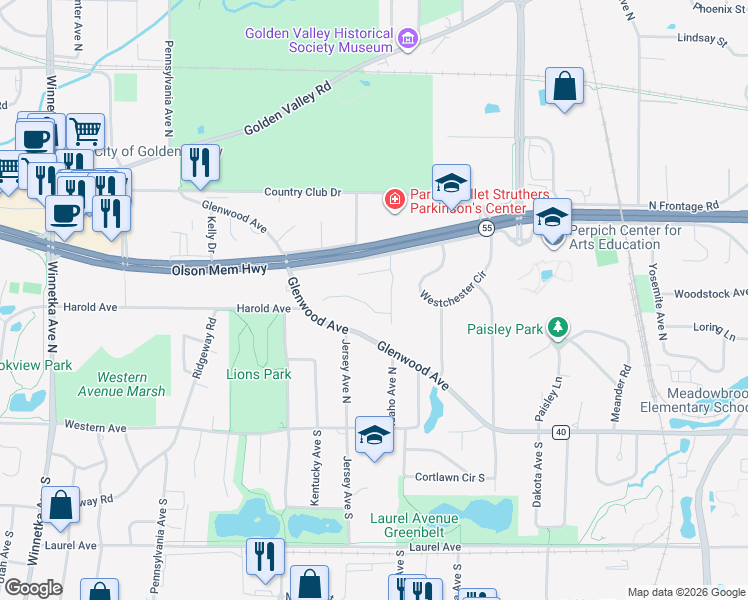 map of restaurants, bars, coffee shops, grocery stores, and more near 6810 Harold Avenue in Minneapolis