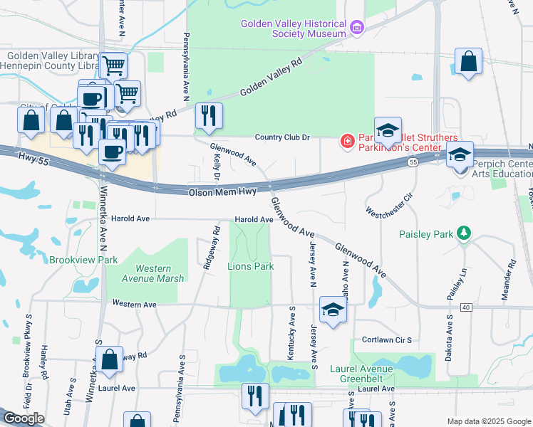 map of restaurants, bars, coffee shops, grocery stores, and more near 7146 Harold Avenue in Minneapolis