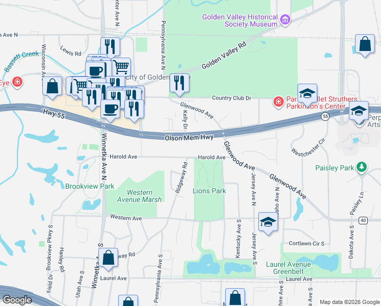 map of restaurants, bars, coffee shops, grocery stores, and more near 7330 Harold Avenue in Minneapolis