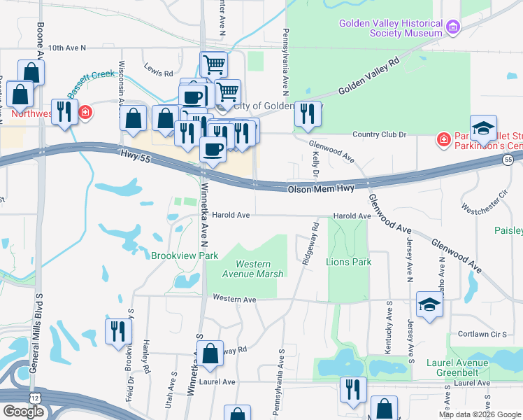 map of restaurants, bars, coffee shops, grocery stores, and more near 7650 Harold Avenue in Golden Valley