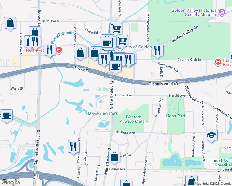 map of restaurants, bars, coffee shops, grocery stores, and more near 7830 Harold Avenue in Minneapolis