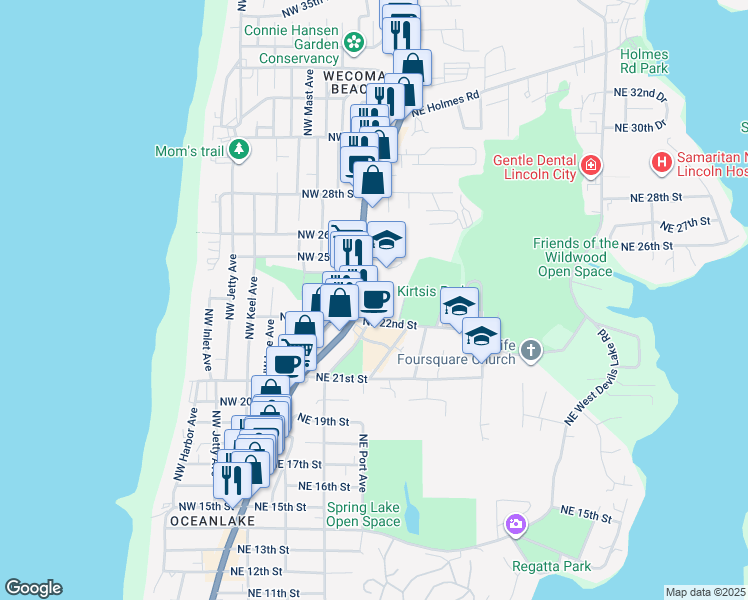map of restaurants, bars, coffee shops, grocery stores, and more near 1400 Southeast 19th Street in Lincoln City