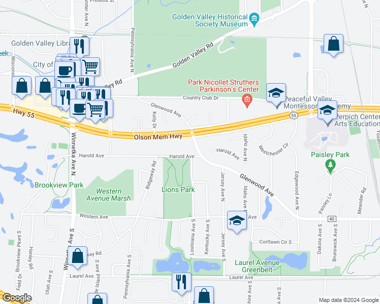 map of restaurants, bars, coffee shops, grocery stores, and more near 7146 Harold Avenue in Minneapolis