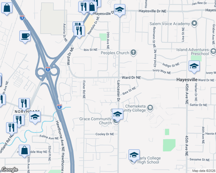 map of restaurants, bars, coffee shops, grocery stores, and more near 3871 Iberis Street Northeast in Salem